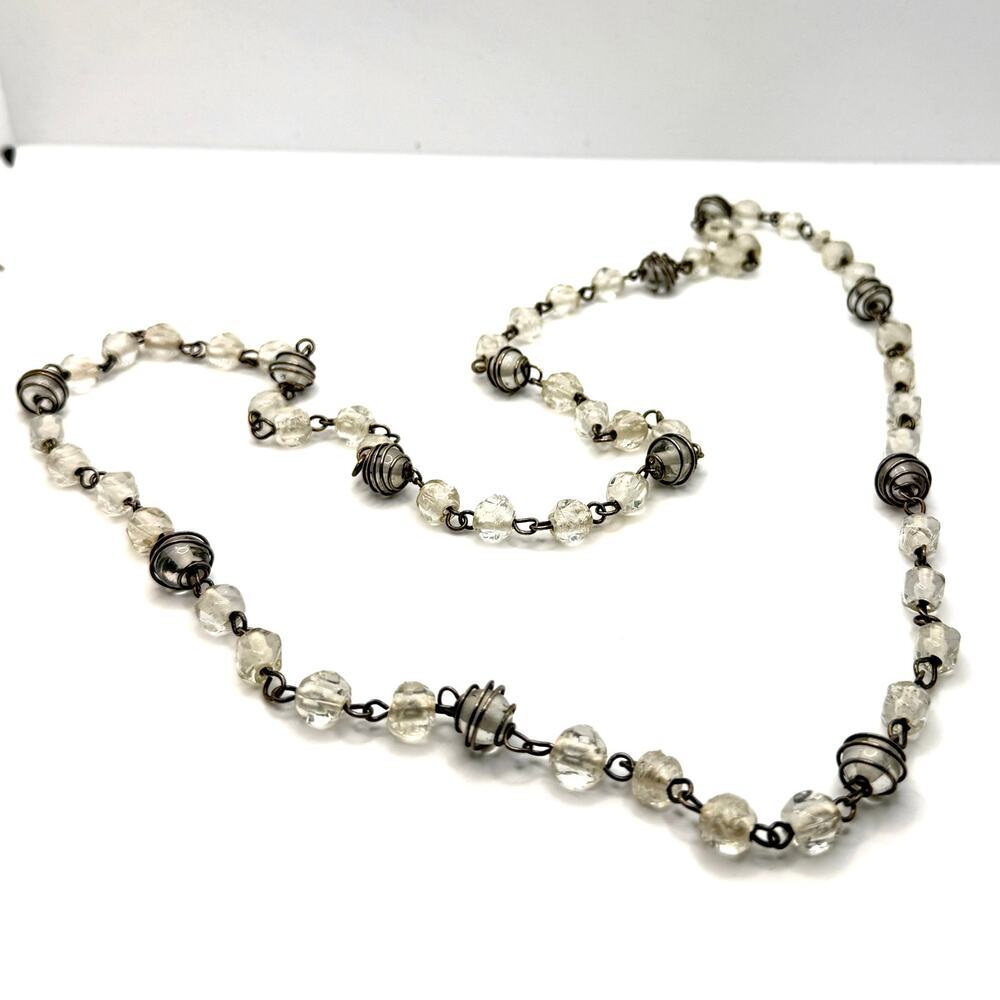 Vintage 90s Clear Glass Wire Wrapped Cage Station Flapper Long Necklace